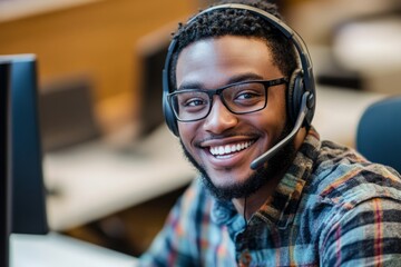 Smiling man wearing headphones while working in a modern office.