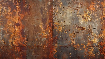 A panoramic view of a weathered metal surface featuring rust and corrosion with golden and bronze highlights. This industrial backdrop is perfect for use in design projects seeking.