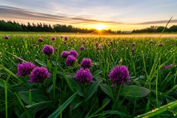 Obraz premium A meadow covered in morning dew, with the golden light of sunrise creating a shimmering effect on the grass and wildflowers as mist rises from the ground