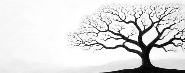 Obraz premium Intricate pencil sketch of a tree with a complex network of branches, set against a fading twilight sky with subtle shading that adds depth and emphasizes the tree's natural beauty