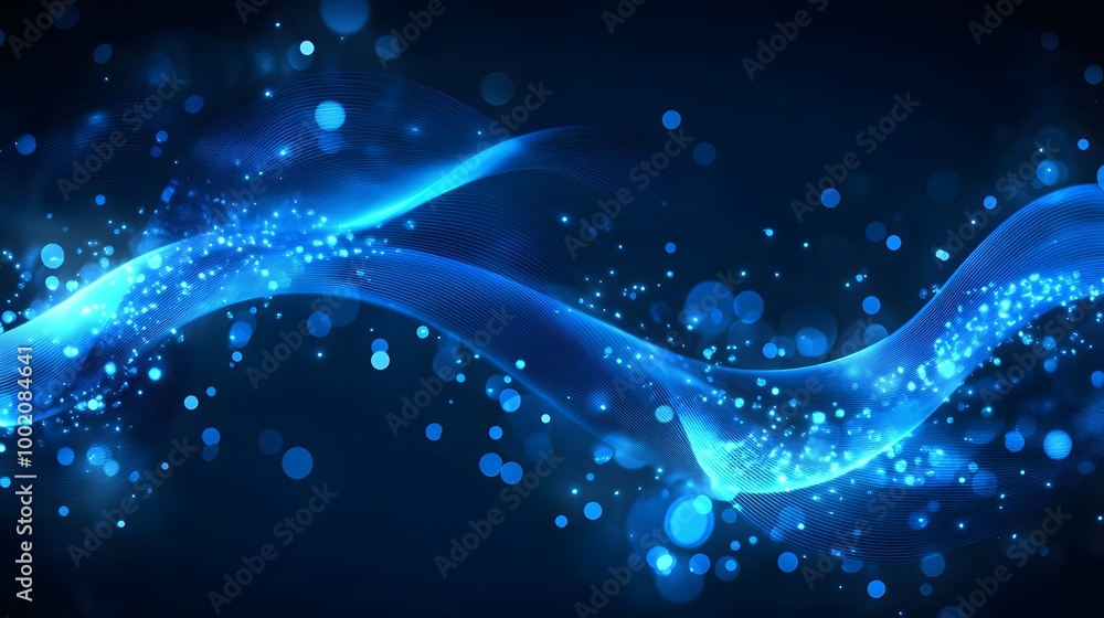 Poster a blue wave with many small blue dots. the dots are scattered all over the wave, creating a sense of