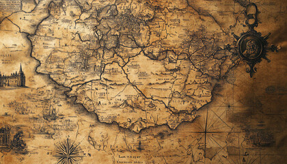 Fototapeta premium Antique maps of old cities or unexplored territories, with faded colors and intricate details, giving a historic and adventurous vibe.