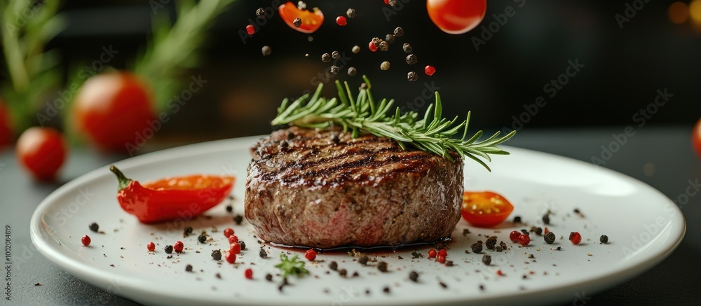 Canvas Prints Grilled steak with rosemary and peppercorns on a white plate.