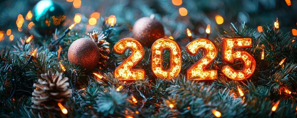 2025 in large numbers on a christmas style banner background