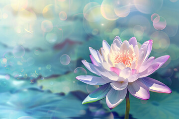 pink lotus flower in lake water, background with copy space