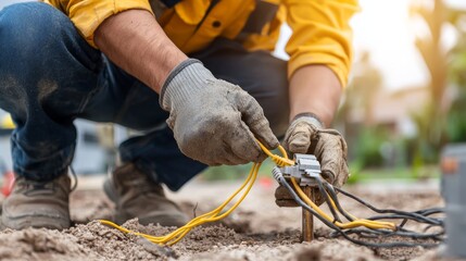 Skilled electrician securing ground wire to grounding rod in sunny outdoor location. Focus on wire and rod connection detail.