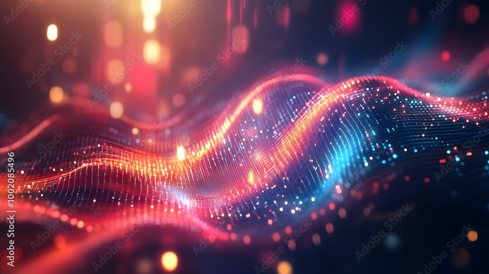 Poster a colorful, abstract image of a wave with a red and blue background. the wave is made up of many sma