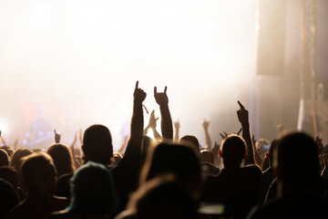 Crowd at concert and blurred stage lights.