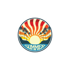 Summer beach sticker with a surfer theme. Emblem with sea wave surfboard and palm tree. Sticker or label or t-shirt print, emblem.
