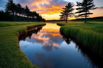A peaceful river reflecting the colors of sunrise, with soft pink and orange hues filling the sky, while trees and reeds line the tranquil banks