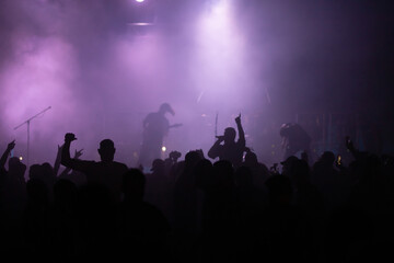 Crowd at concert and blurred stage lights.