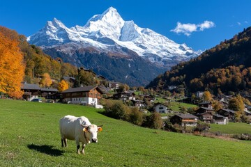 Fototapeta premium A picturesque village nestled in a valley, with snow-capped mountains in the background and quaint houses dotting the hillside