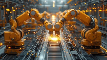 Industrial Robots Working in a Factory