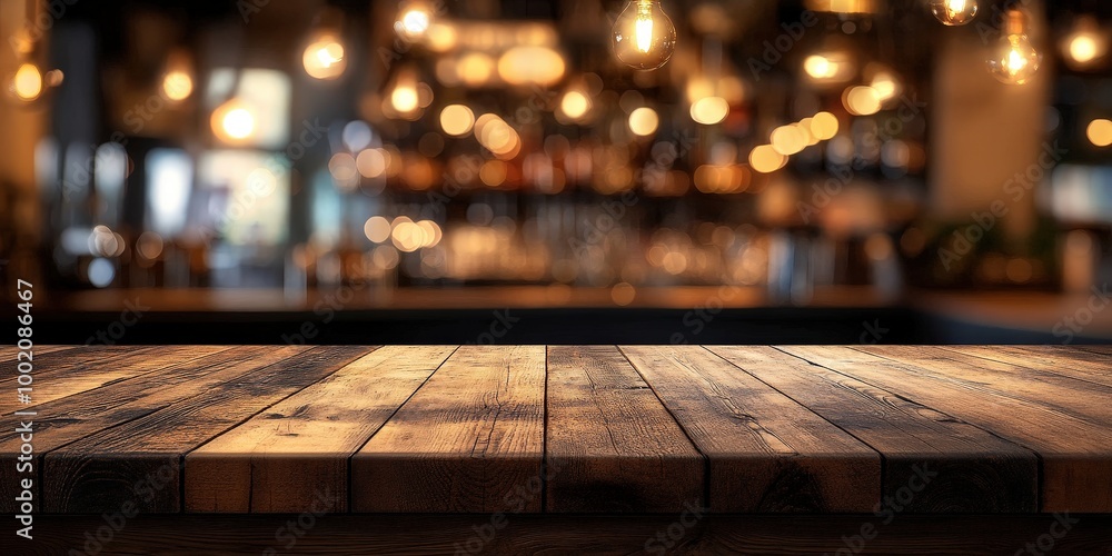 Poster empty wooden table with blurred bokeh background