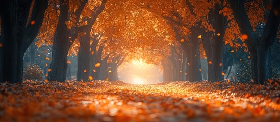 Sunlit pathway through an autumnal forest with falling leaves.