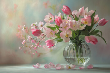 Obraz premium A Bouquet of Cherry Blossoms and Pink Tulips in a White Vase