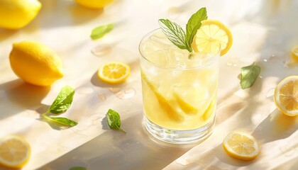 Fototapeta premium Refreshing lemon drink served with ice and mint, perfect for a hot day.