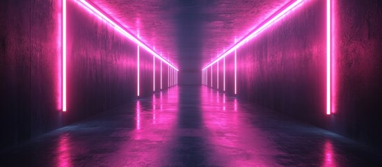 Pink Neon Lights Illuminate a Dark Concrete Corridor.