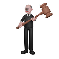 Judge in 3D. A male judge is seen standing with both hands holding a large judge's gavel. Male Professional