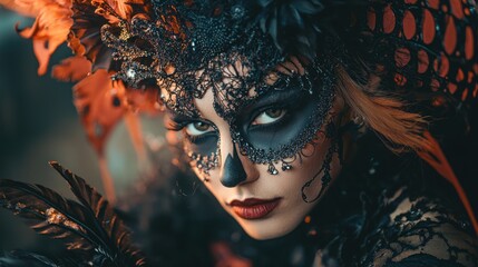 A close-up of a model dressed in an intricate Halloween outfit, emphasizing the details and artistry of her look