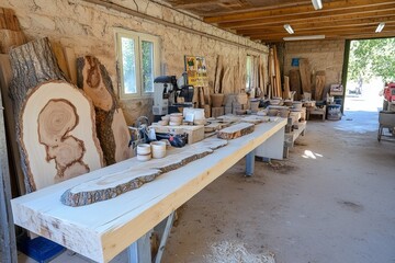 A traditional rural workshop where locals craft wood and pottery, showcasing the artisanal and self-sufficient lifestyle of rural living