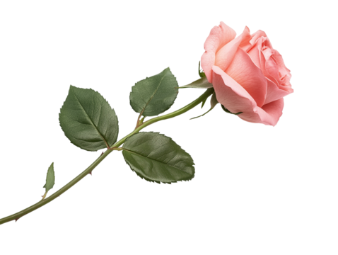 pink rose flower with leaf and stem isolated on white transparent background