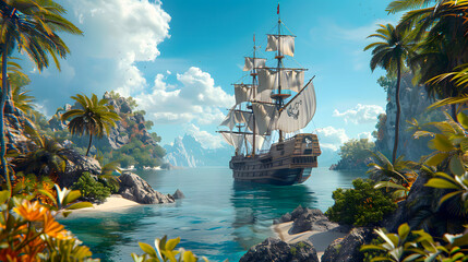 Pirate adventure on the high seas. Large pirate ship making its way to the bay of a tropical island.