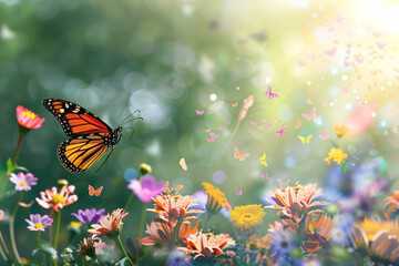 butterfly flying in summer meadow with flowers