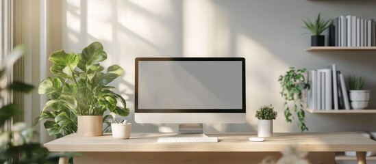 Minimalist home office desk with a computer, plants, and shelves with books in the background.