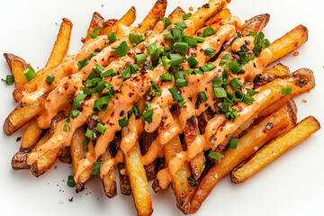 French Fries Drizzled with Spicy Sriracha Mayo and Garnished with Green Onions: A Fiery Twist on a Classic Snack