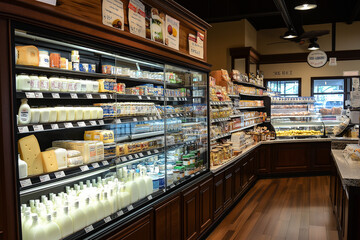 Fototapeta premium A Well-Stocked Dairy Section with Milk, Cheese, and Yogurt: Ensuring Freshness and Quality for Your Daily Needs