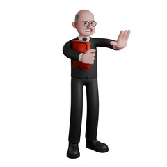 Professional Male in 3D - Judge. A male judge is seen standing with his right hand hugging a red-covered book, while his left hand is raised straight forward showing his palm, as if giving a prohibit