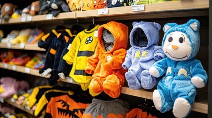 Naklejka premium A delightful display of baby Halloween costumes in a store, showcasing adorable outfits perfect for infants celebrating their first Halloween