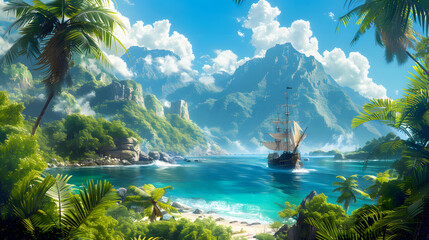 Fototapeta premium Pirate adventure on the high seas. Large pirate ship making its way to the bay of a tropical island.
