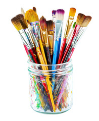 Fototapeta premium Set of colorful artist paint brushes in glass jar isolated on white transparent background 