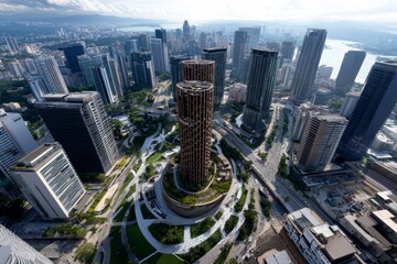 Obraz premium Aerial view of a modern urban district, with high-rise office buildings, residential complexes, and green public spaces intertwined in a dynamic layout