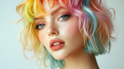 Fototapeta premium Portrait of a young woman with colorful, short, curly hair, looking directly at the camera with a serious expression.