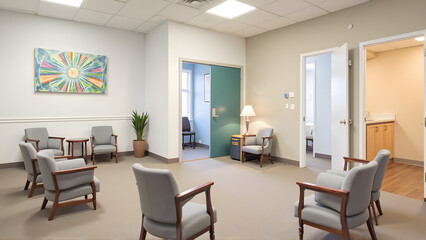 Fototapeta premium Welcoming medical office waiting area with comfortable seating and bright decor 
