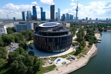 An urban innovation district under development, with tech startups, research centers, and modern coworking spaces transforming the cityscape