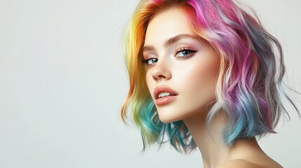 Naklejka premium Portrait of a beautiful woman with bright, colorful, rainbow, short, wavy, hair.