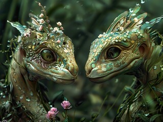 Fototapeta premium Two Cute Fantasy Dragons with Flowers in a Magical Forest