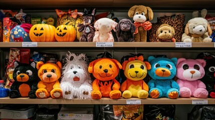 Fototapeta premium A delightful display of cute Halloween costumes in a store, featuring adorable outfits for kids, adults, and pets alike