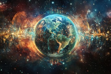 Earth Surrounded by a Cosmic Nebula and Stars