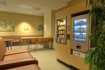 Relaxing Break Room at the Call Center with Coffee Machine and Snacks