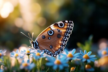 Fototapeta premium Close-up of a butterfly on a wildflower, with hyper-realistic detail showing the texture of the wings, petals, and surrounding biodiverse environment