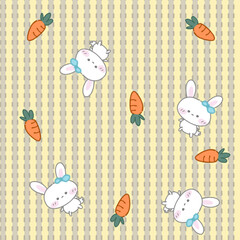 Vector pattern of fabric, wallpaper, wrapping paper, mats and bed sheets. Continuous and repeatable. Cute style. Illustration of a white rabbit tied with a bow and decorated with empty carrots.