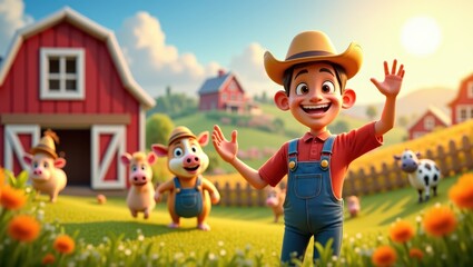 Fototapeta premium Happy Farmer Waving at the Camera with Cows and Pigs on a Sunny Farm
