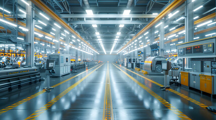 Industry 4.0 smart factory interior showcases advanced automation, machinery, and robotics in a futuristic industrial setting. Innovation, engineering, and interconnected systems