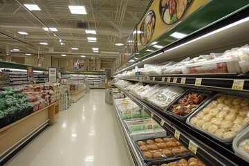 Fototapeta premium Wide Array of Frozen Meals and Snacks Available in the Grocery Store Aisle