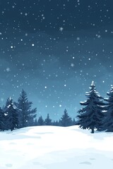 Naklejka premium Snow-covered landscape under a starry night sky showcasing winter trees and gentle snowfall in a serene outdoor setting